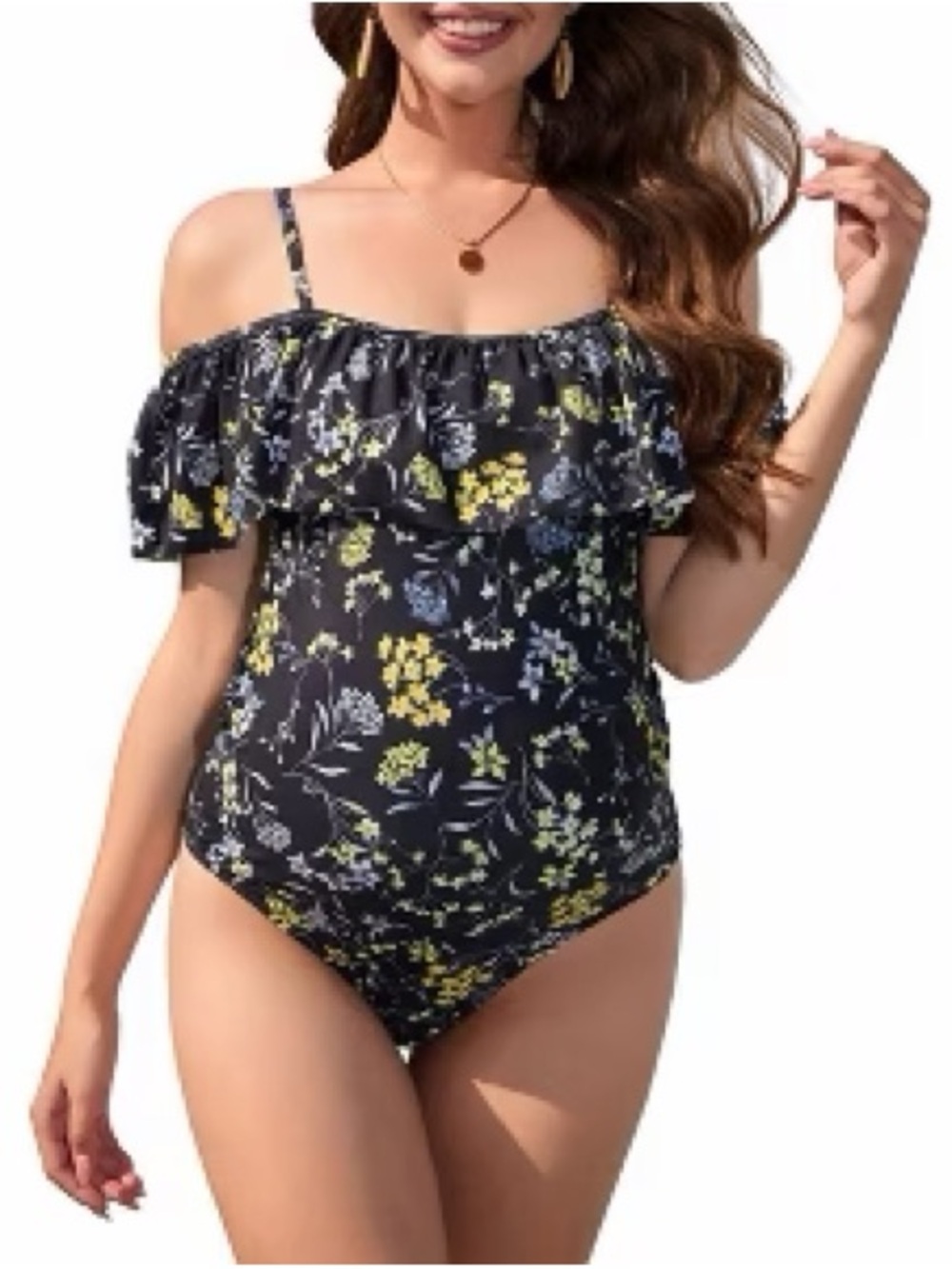Matternity Floral Off-Shoulder Ruffle One-Piece Swimsuit - Black & Yellow Floral
